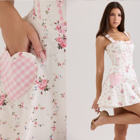 House of CB Marianella cream rose print stretch cotton mini dress NWT - Picture 3 of 10